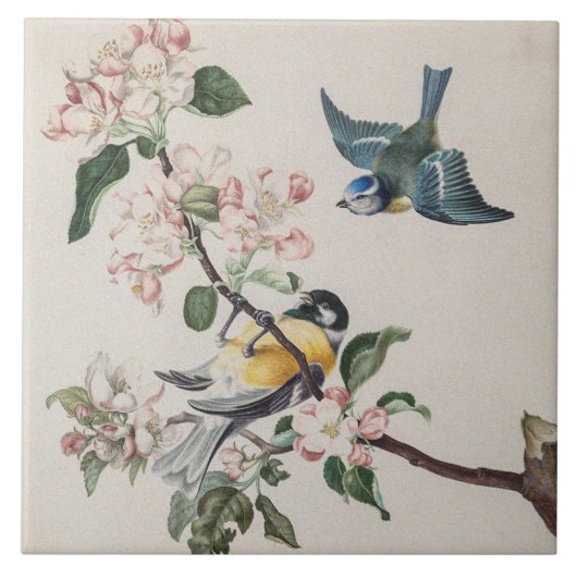 リンゴの木にヴィンテージの小鳥が2羽 タイル (正面)