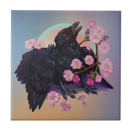 リンゴの花でカラスを育てる タイル (正面)