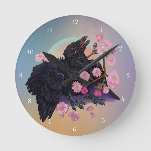リンゴの花でカラスを育てる ラウンド壁時計 (正面)
