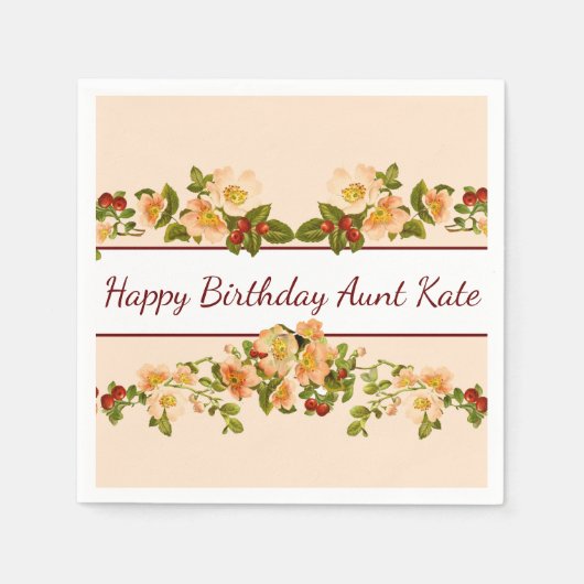 リンゴの花とバラのフェミニン スタンダードカクテルナプキン (正面)