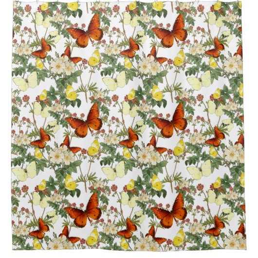 リンゴの花と蝶の伝統画像 シャワーカーテン (正面)