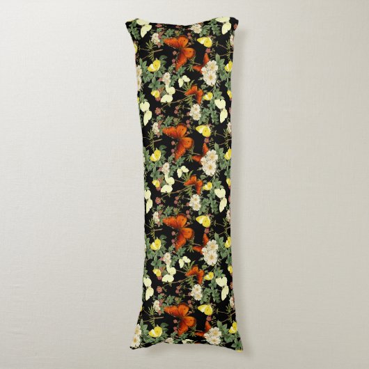 リンゴの花と蝶の黒い背景 ボディピロー (正面縦)