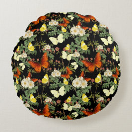 リンゴの花と蝶の黒い背景 ラウンドクッション