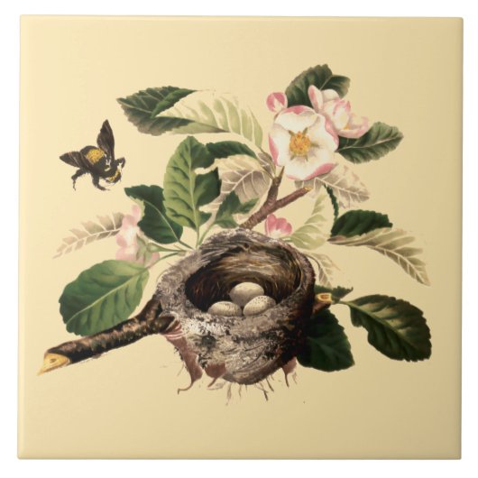 リンゴの花と鳥の巣 タイル (正面)