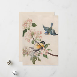 リンゴの花の枝の近くに小さな鳥が二羽 シーズンカード