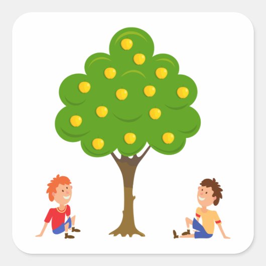 リンゴよくはしゃぐの木の下に座っている子ども スクエアシール (正面)