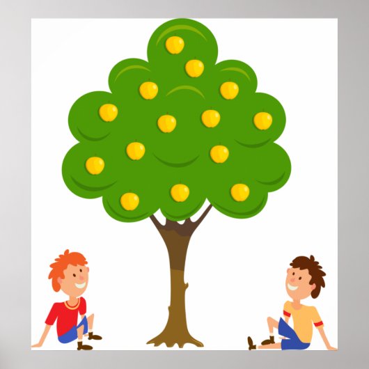 リンゴよくはしゃぐの木の下に座っている子ども ポスター (正面)
