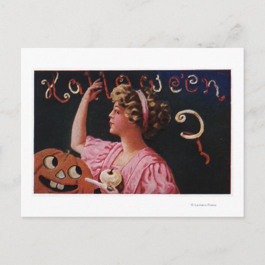 リンゴを剥ぐ女性によるジャック・オ・ランタン ポストカード (正面)