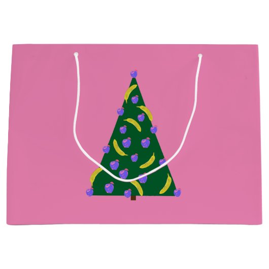 リンゴポップ・アートの&バナナピンクのアートクリスマスツリー ラージペーパーバッグ (正面)