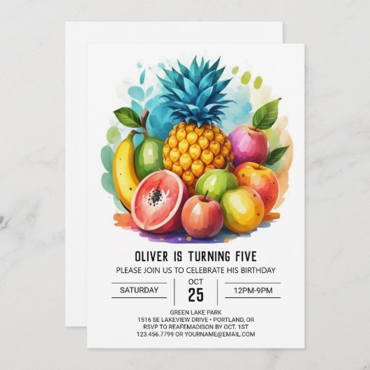 リンゴモダンジューシー果実誕生日 招待状 (正面/裏面)