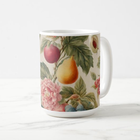 リンゴ、梨、ブドウ、ピンクの花。フランスの絵を描 コーヒーマグカップ (正面右)