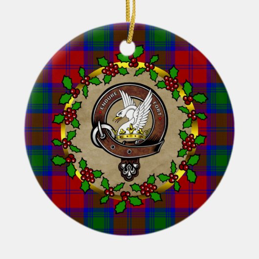 リンゼイクランバッジ&タータンチェックパーソナライズされたクリスマス セラミックオーナメント (正面)