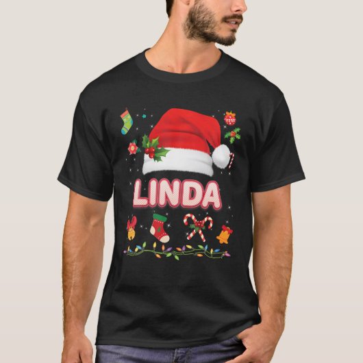 リンダサンタクロースハットファミリーメリークリスマスクリスマス Tシャツ (正面)