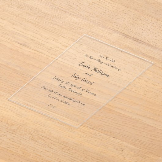 リンダシンプルモダンウェディング日付を保存 アクリル招待状 (レイダウン)