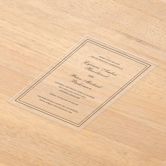 リンネシンプルエレガントな結婚式の日付を保存 アクリル招待状 (レイダウン)