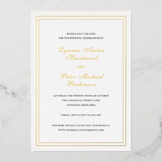 リンネシンプルエレガントな結婚式の日付を保存 箔招待状 (正面)