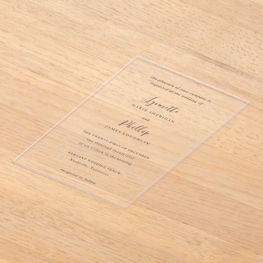 リンネット伝統的エレガントな結婚式 アクリル招待状 (レイダウン)
