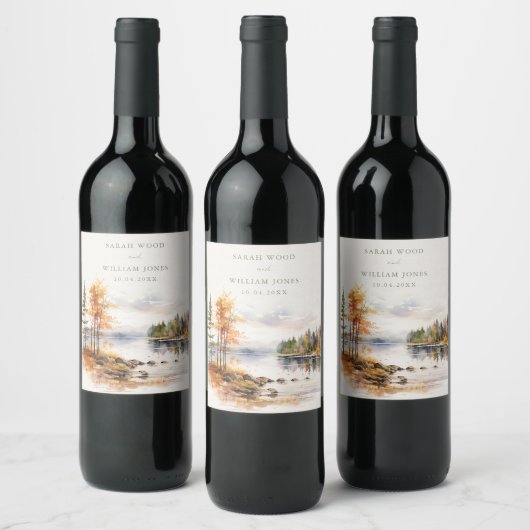 リン素朴ンプリントと秋湖結婚の ワインラベル (ボトル)