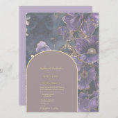 リーガルパープルと金ゴールドフローラ結婚式招待状 (正面/裏面)