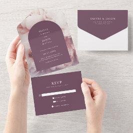 リーガルパープルエレガントプニーズアーチリュプ結婚スプ オールインワン招待状