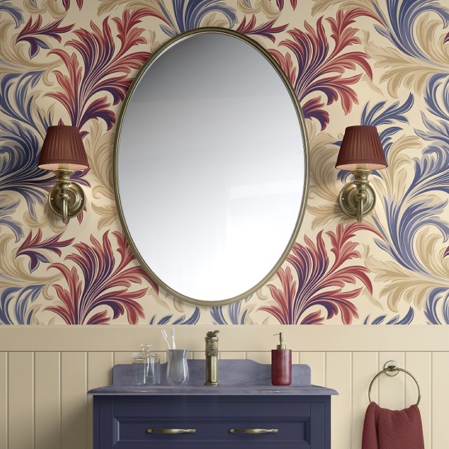 リーガルフローリッシュエレガンスベージュ、ブルゴーニュ、ブルー 壁紙 (Regal Flourish Elegance - Beige, Burgundy, and Blue - Traditional Peel and Stick Wallpaper)