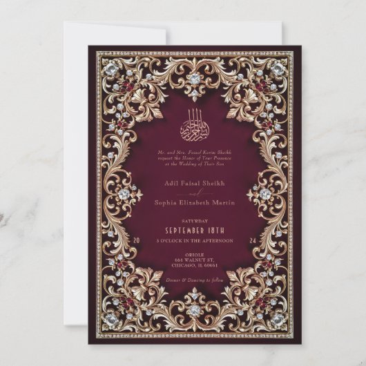 リーガルブルゴーニュアンティーク金ゴールドジュエリーイスラム結婚ズ 招待状 (正面)