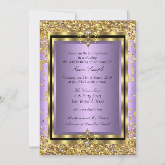 リーガルプリンセススウィート16金ゴールドラベンダーパープルパーティー 招待状 (裏面)