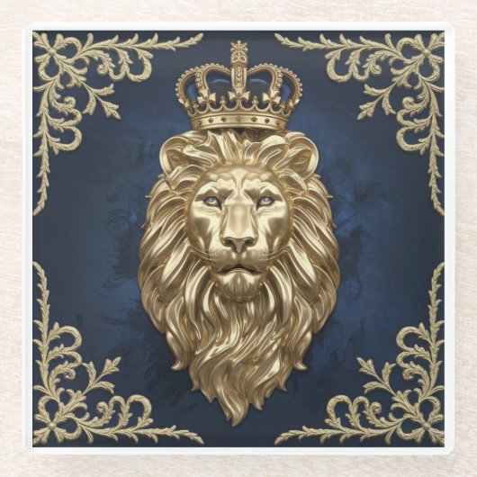リーガルライオンデザイン – ネイビーブルー&金ゴールドラグジュアリーデコール ガラスコースター (正面)
