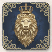リーガルライオンデザイン – ネイビーブルー&金ゴールドラグジュアリーデコール コースター (正面)