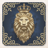 リーガルライオンデザイン – ネイビーブルー&金ゴールドラグジュアリーデコール スクエアペーパーコースター (正面)