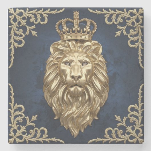 リーガルライオンデザイン – ネイビーブルー&金ゴールドラグジュアリーデコール ストーンコースター (正面)