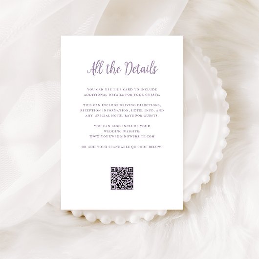 リーガルラベンダーとホワイト |の結婚詳細QRコード エンクロージャーカード