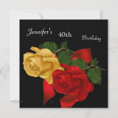 リーガルレッドイエローローズ40th誕生日パーティーブラック 招待状 (正面)