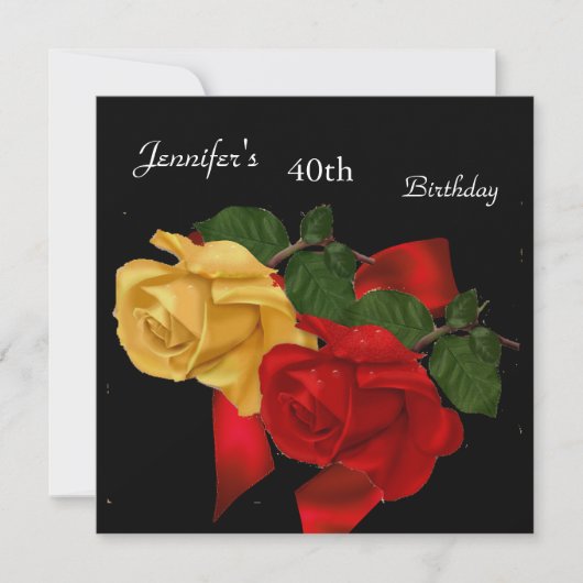 リーガルレッドイエローローズ40th誕生日パーティーブラック 招待状 (正面)