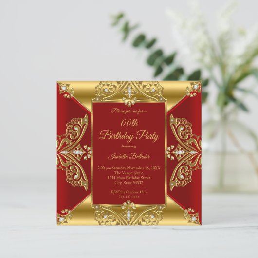 リーガルレッドエイジバースデーパーティー金ゴールドダイヤモンド宝石 招待状 (スタンド正面)