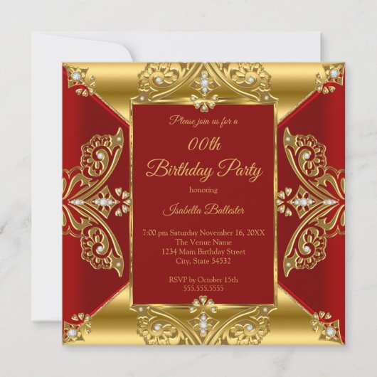 リーガルレッドエイジバースデーパーティー金ゴールドダイヤモンド宝石 招待状 (正面)