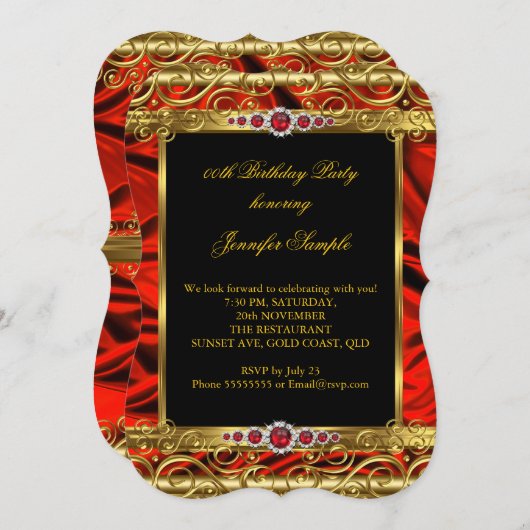 リーガルレッドエレガント金ゴールドダマスクパールバースデーパーティー 招待状 (正面/裏面)