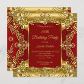 リーガルレッドバースデーパーティー華美金ゴールドフェイクダイヤモンド 招待状 (正面/裏面)