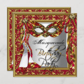 リーガルレッド金ゴールドダマスク誕生日マスカレードパーティー 招待状 (正面/裏面)