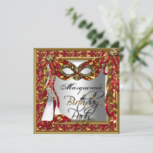 リーガルレッド金ゴールドダマスク誕生日マスカレードパーティー 招待状 (スタンド正面)
