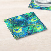 リーガル羽毛：青と緑の孔雀の羽 スクエアペーパーコースター (アングル)