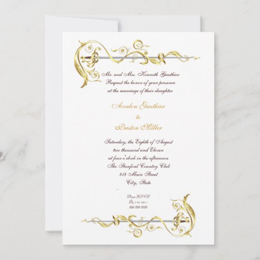 リーガル金ゴールドスクロールリボンソード結婚式招待状 招待状 (裏面)