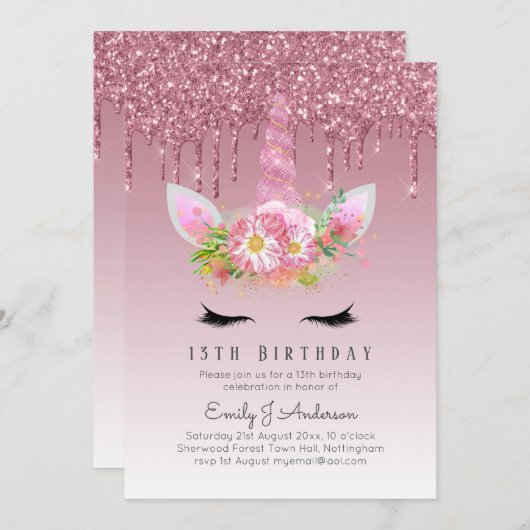 リーグピンクグリッターユニコーンガールズ誕生日招待状 招待状 (正面/裏面)