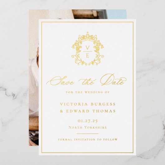 リージェンシーエラモノグラム結婚クレストの写真 箔招待状 (正面/裏面)