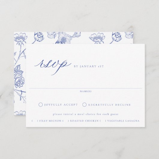リージェンシーブルーフローラミール選択ウェディングRSVPカード 出欠カード (正面/裏面)
