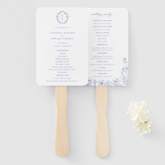 リージェンシーブルー華美クレストモノグラム結婚式 プログラム ハンドファン (正面&裏面)