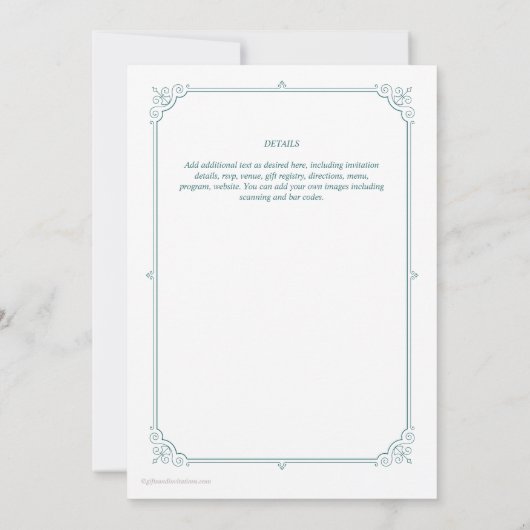 リージェンシーヴィンテージをテーマにした結婚式の保存日付ティール（緑がかった色） 招待状 (裏面)