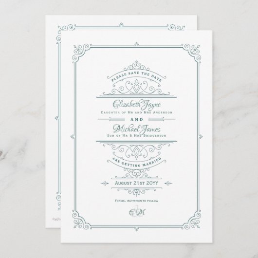 リージェンシーヴィンテージをテーマにした結婚式の保存日付ティール（緑がかった色） 招待状 (正面/裏面)