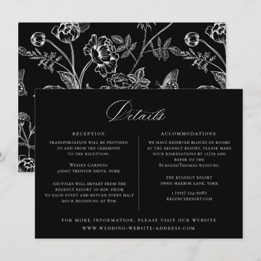 リージェンシー時代のブラック フローラル ウェディング詳細カード 招待状 (正面/裏面)