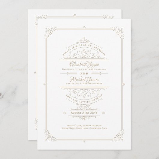リージェンシー結婚式招待状ヴィンテージをテーマにした金ゴールド 招待状 (正面/裏面)